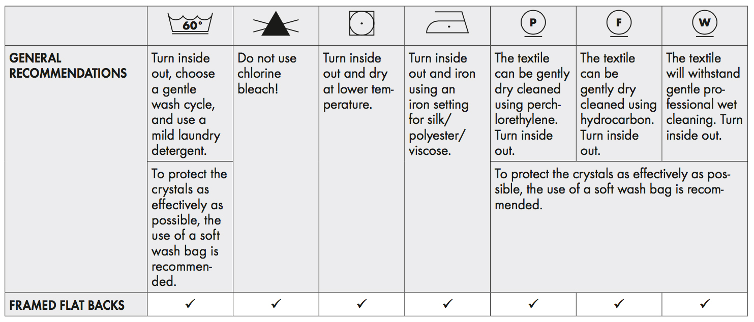 Swarovski Framed Flat Back Hot Fix Care Instructions Chart